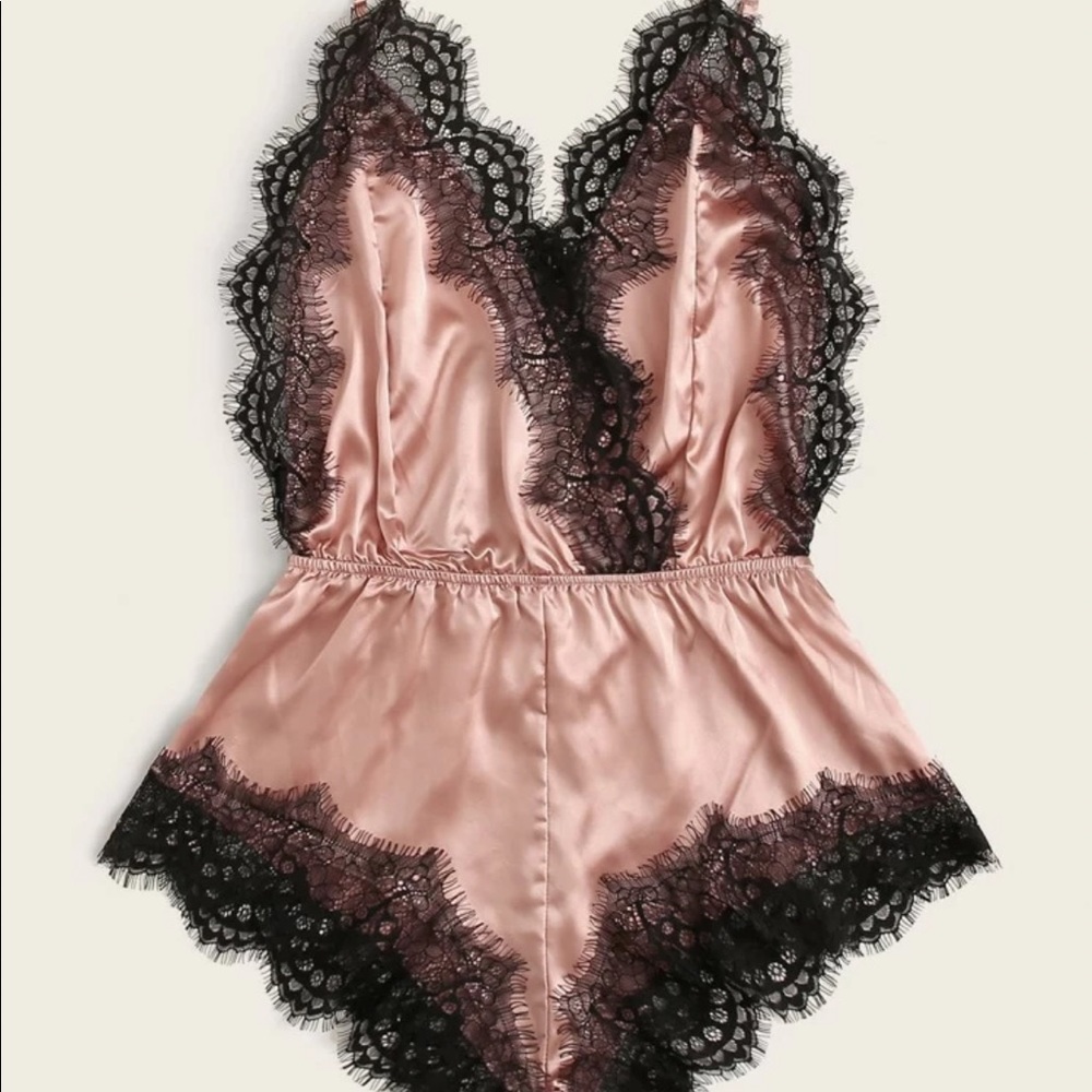 Eyelash lace satin romper bodysuit
